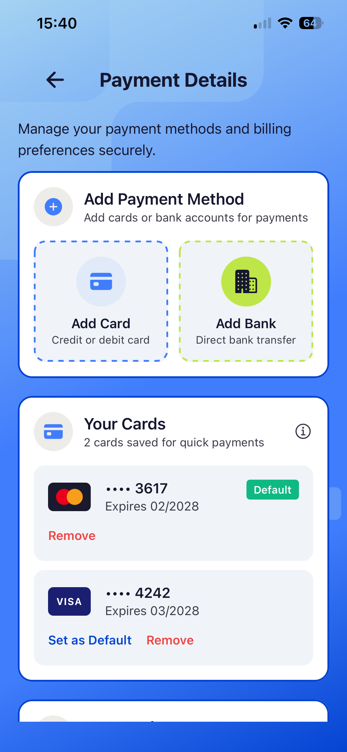 Escrow payment screen