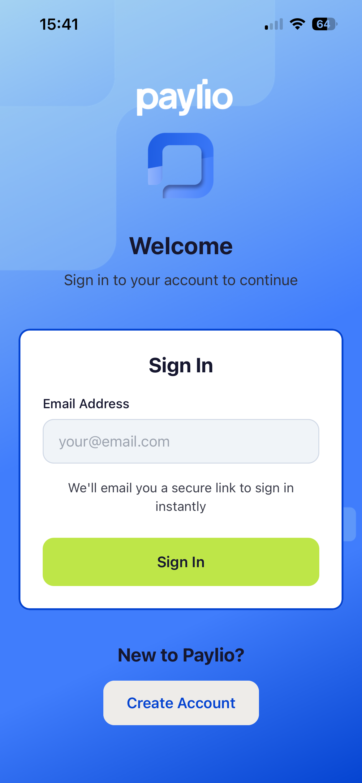 Paylio App Login Screen